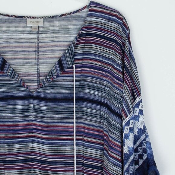 Avenue Womens Striped Kaftan Top Size 18/20 Blue Tassels Lagenlook Southwestern - Picture 2 of 10